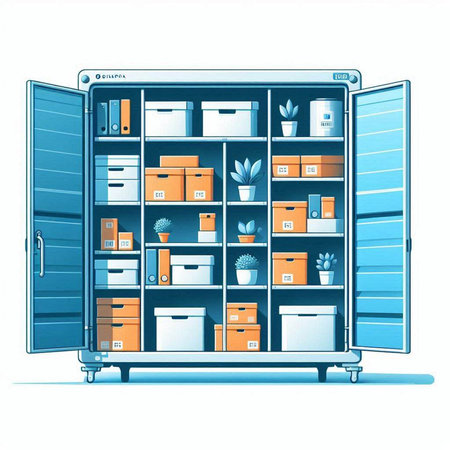 Illustration of an open storage cabinet with boxes on a white backgroundのイラスト素材