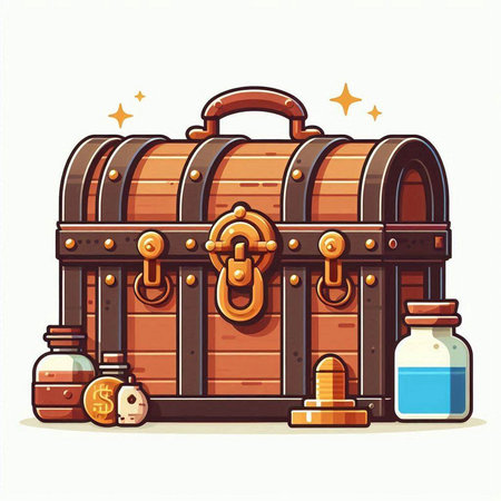 Treasure chest with gold coins and medicine bottles. Vector illustration.のイラスト素材