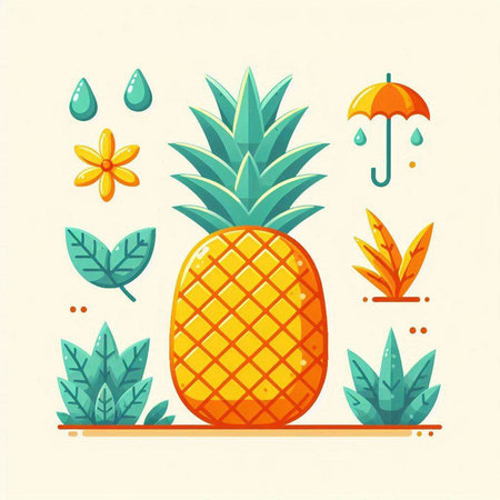 Pineapple vector illustration. Tropical fruit with leaves and rain drops.のイラスト素材
