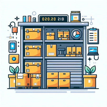 Warehouse with goods. Vector illustration in flat linear style. Warehouse with goods.のイラスト素材