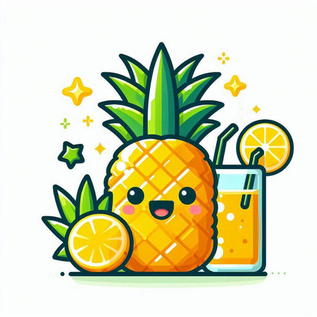 Cute pineapple character with a glass of juice. Vector illustration.のイラスト素材