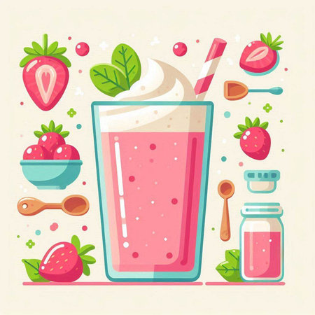 Strawberry smoothie in a glass. Vector illustration in flat style.のイラスト素材