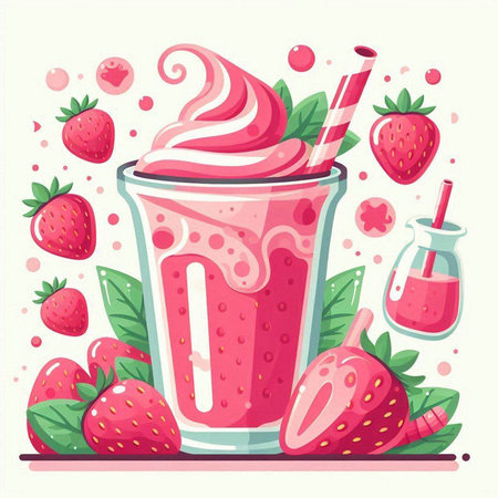 Strawberry smoothie in a glass with straws. Vector illustration.のイラスト素材