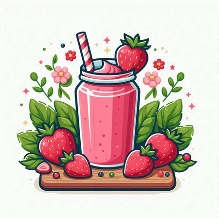 Strawberry smoothie in a jar with a straw. Vector illustration.のイラスト素材