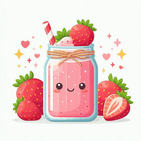 Strawberry smoothie in a glass jar. Vector illustration.のイラスト素材