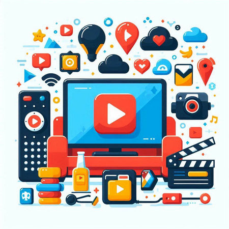 Flat design modern vector illustration concept of online media streaming, online media streaming, digital marketing, video blog, webinar, social media.のイラスト素材