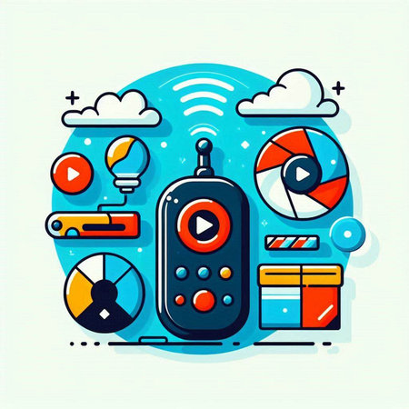 Remote control with different media icons. Modern flat style vector illustration.のイラスト素材