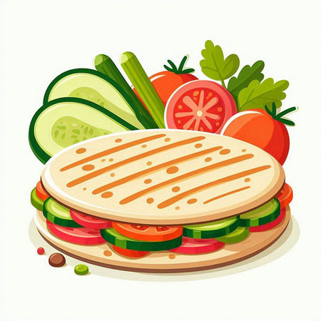 Illustration of a sandwich with fresh vegetables on a white background.のイラスト素材