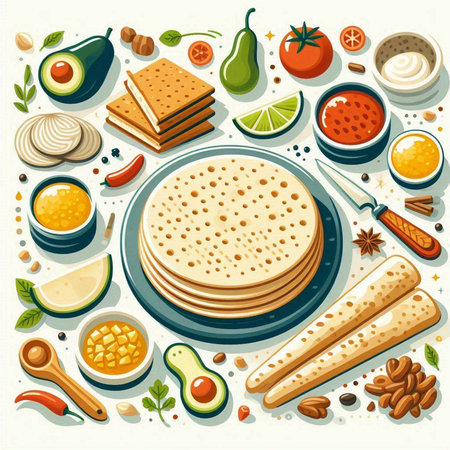 Vector illustration of a set of food and ingredients for making chapati.のイラスト素材