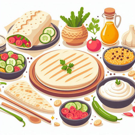 Illustration of a set of various food on a white background.のイラスト素材