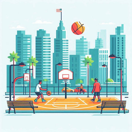 Basketball court in the city. Vector illustration in flat style.のイラスト素材