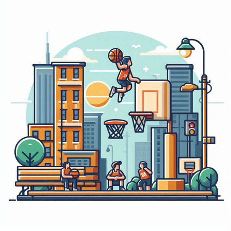 People playing basketball in the city. Vector illustration in flat style.のイラスト素材
