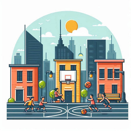 Basketball court in the city. Street basketball. Vector illustration.のイラスト素材