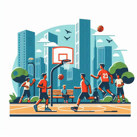 Basketball players in the park. Vector illustration in flat style.のイラスト素材