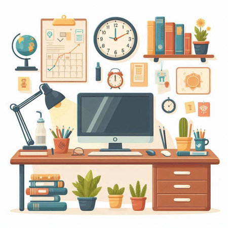 Workplace with computer, books, accessories and stationery. Vector illustrationのイラスト素材