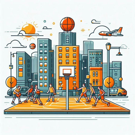 Vector illustration of people playing basketball on the street in the city.のイラスト素材