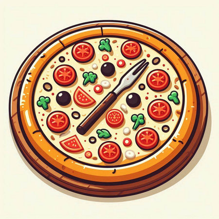 Pizza with tomatoes, olives and cheese. Vector illustration.のイラスト素材