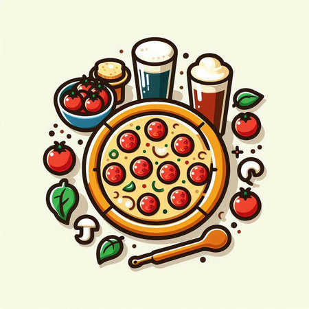 Pizza icon. Vector illustration of pizza with tomato, cheese, mushrooms and beer.のイラスト素材