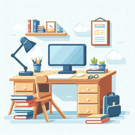 Vector illustration of home office. Workplace with computer, books, stationery and other items.のイラスト素材
