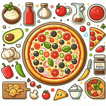 Pizza and ingredients on white background. Vector illustration in cartoon style.のイラスト素材