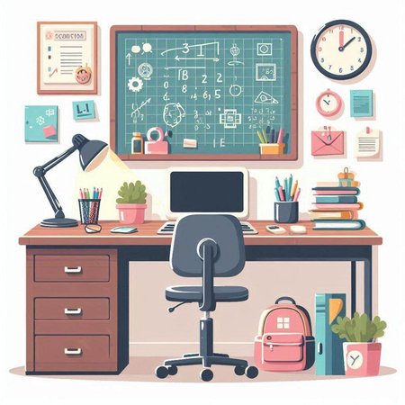 Office interior with desk and chair. Workplace and workplace. Vector illustrationのイラスト素材