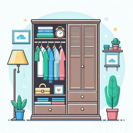 Closet with clothes and accessories. Vector illustration in flat styleのイラスト素材