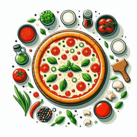 Pizza with vegetables and spices on a white background. Vector illustration.のイラスト素材