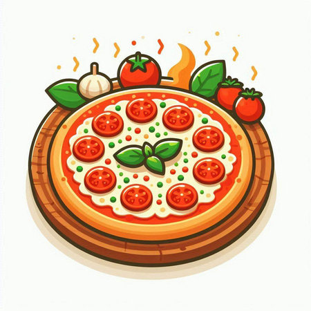 Pizza with tomato and mozzarella cheese on a white backgroundのイラスト素材