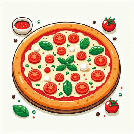 Pizza with mozzarella, tomato and basil. Vector illustrationのイラスト素材