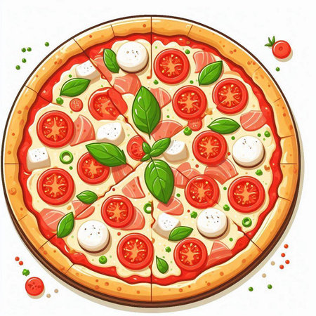 Pizza with mozzarella, tomatoes and basil. Vector illustrationのイラスト素材