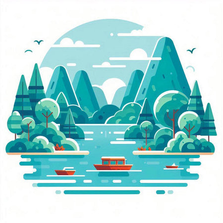 Landscape with lake, mountains, trees and boat. Vector illustration.のイラスト素材
