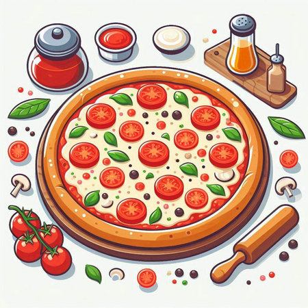 Pizza with mozzarella, tomatoes and basil. Vector illustrationのイラスト素材