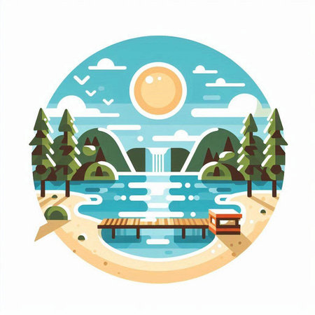 Landscape with river, bridge and forest in flat style. Vector illustration.のイラスト素材