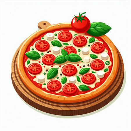 Pizza with mozzarella, tomatoes and basil on a white backgroundのイラスト素材