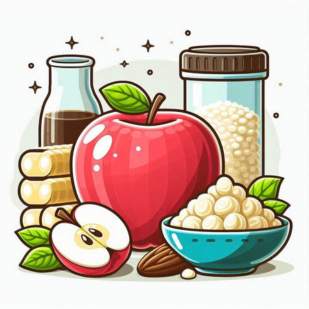 Vector illustration of healthy food - apple, oatmeal, milk.のイラスト素材
