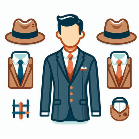 Vector illustration of a man in a suit and hat with different accessoriesのイラスト素材