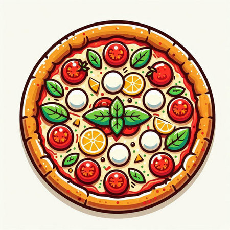Pizza with mozzarella, tomatoes and basil. Vector illustration.のイラスト素材