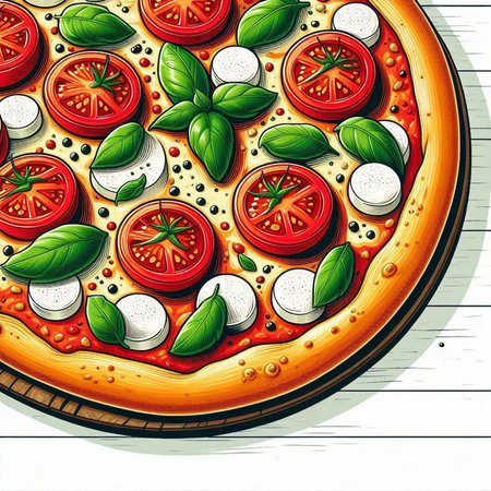 Pizza with mozzarella, tomatoes and basil on wooden backgroundのイラスト素材
