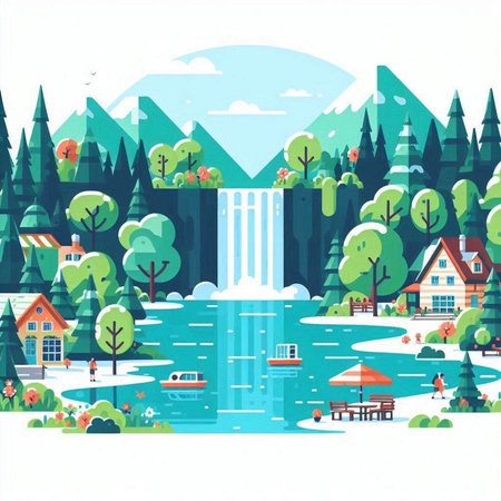Landscape with waterfalls, houses, trees and people. Vector illustration.のイラスト素材