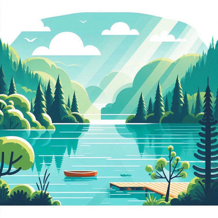 Summer landscape with lake and trees. Vector illustration. Eps 10.のイラスト素材