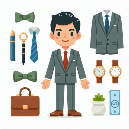 Businessman character in suit, tie, watch, briefcase and accessories. Vector illustration.のイラスト素材