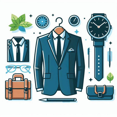 Vector illustration of business suit and accessories in line art style on white background.のイラスト素材