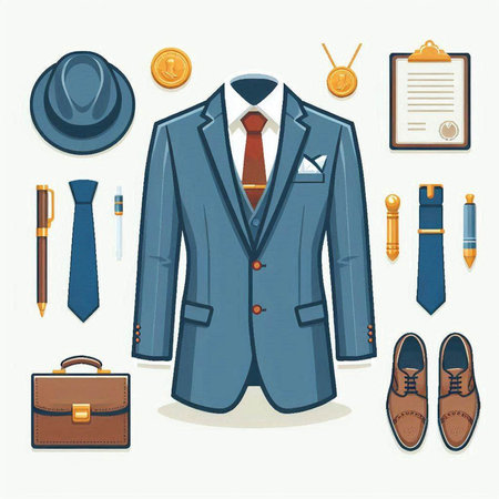 Set of business accessories. Vector illustration in a flat style. Set of men's clothing.のイラスト素材