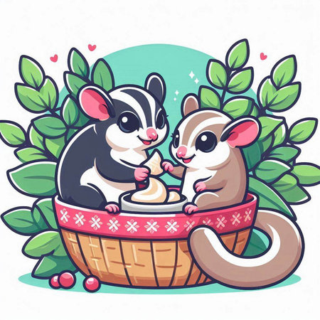Two cute squirrels eating ice cream in a basket. Vector illustration.のイラスト素材