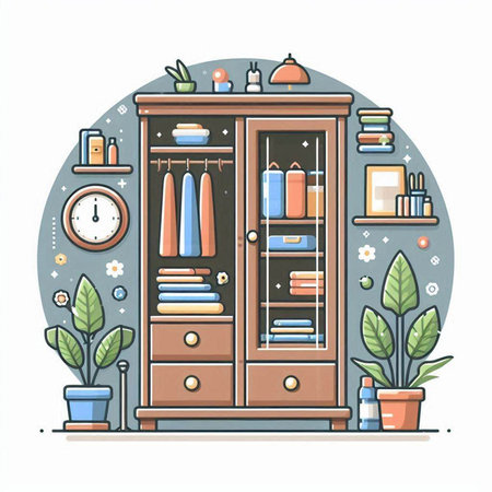 Cabinet with books and accessories. Vector illustration in flat styleのイラスト素材