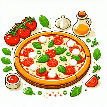 Pizza with mozzarella, tomatoes and basil. Vector illustrationのイラスト素材