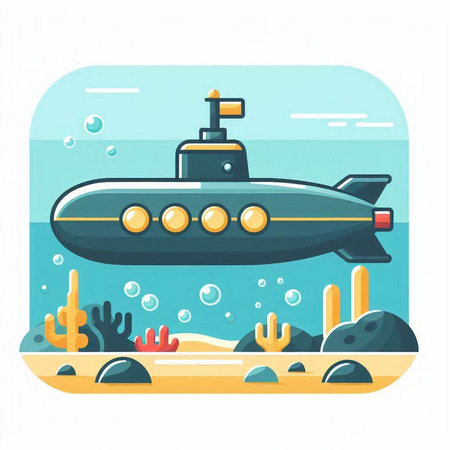 Submarine in the sea. Flat vector illustration isolated on white background.のイラスト素材
