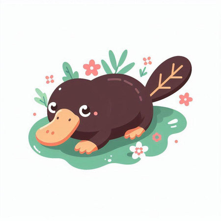 Cute cartoon mole on the green grass with flowers. Vector illustration.のイラスト素材