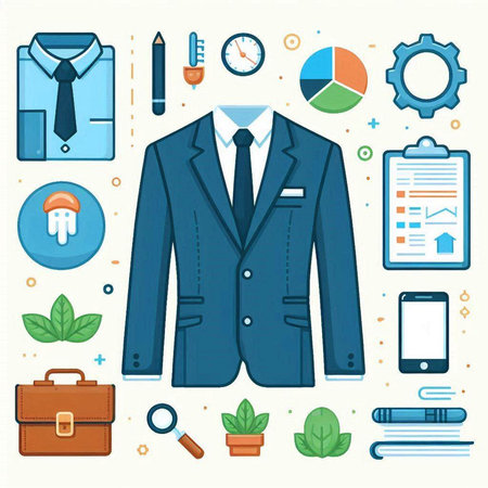 Vector illustration of a set of business and office elements. Businessman in a suit, shirt, tie, briefcase.のイラスト素材