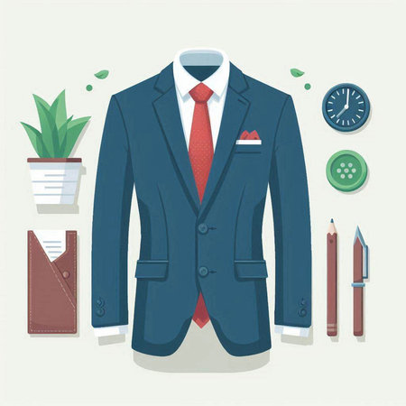 Vector illustration of a business man suit with tie, shirt, tie, belt, pocket watch, pen, scissors and plant.のイラスト素材
